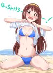  1girl absurdres bikini blue_bikini blush breasts clothes_lift hairband haruki_(haruki678) highres idolmaster idolmaster_million_live! lifted_by_self long_hair looking_at_viewer medium_breasts navel open_mouth red_eyes shirt_lift simple_background sitting solo stomach swimsuit tanaka_kotoha wariza yellow_hairband 