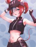  1girl animal_ears armpits artist_name baseball_cap black_hair bracelet breasts chain commentary crop_top earrings english_commentary fingerless_gloves gloves hair_over_one_eye hakos_baelz hat heart highres hololive hololive_english hoop_earrings jewelry looking_at_viewer midriff mouse_ears mouse_girl mouse_tail multicolored_hair navel open_mouth ponytail red_hair short_shorts shorts sk_jynx sleeveless small_breasts solo spiked_bracelet spikes tail teeth tongue watermark white_hair 