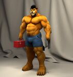  2016 3d_(artwork) abs anthro barefoot beard biceps black_hair blue_bottomwear blue_clothing blue_shorts bottomwear braford brown_eyes claws clothing container curtains dated deltoids digital_media_(artwork) facial_hair feet felid fur goatee hair holding_clothing holding_container holding_object holding_shirt holding_topwear kurt_(braford) lion looking_at_viewer male mammal musclegut muscular_thighs navel nipples obliques pantherine pecs pubes shirt shirtless shorts signature solo tail tail_tuft toe_claws toolbox topwear triceps tuft whiskers white_hair yellow_body yellow_fur 