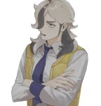  1boy arven_(pokemon) black_hair blue_eyes collared_shirt crossed_arms grey_hair hair_over_one_eye kawatiw long_sleeves male_focus multicolored_hair necktie pokemon pokemon_(game) pokemon_sv shirt simple_background solo sweat upper_body vest white_background white_shirt yellow_vest 