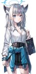  1girl absurdres adapted_costume alter_(kxk7357) alternate_costume animal_ear_fluff animal_ears bag blue_archive blue_eyes blue_sweater blue_wristband breast_pocket breasts cleavage clothes_around_waist collarbone collared_shirt commentary_request cross_hair_ornament extra_ears grey_hair hair_between_eyes hair_ornament halo highres long_sleeves looking_at_viewer medium_hair mismatched_pupils plaid plaid_skirt pleated_skirt pocket school_bag school_uniform shiroko_(blue_archive) shirt shoulder_bag sidelocks simple_background skirt solo sweater sweater_around_waist white_background white_shirt wolf_ears wolf_girl 