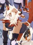  2023 aak_(arknights) anthro arknights blush canid canine canis clothed clothing collar domestic_dog fur group hair hi_res horn hung_(arknights) hypergryph kneeling leash leashed_collar long_hair looking_away male mammal okaruto_2338 orange_hair orange_horn orange_tail solo_focus spot_(arknights) studio_montagne tail tan_body tan_fur trio white_body white_fur yellow_eyes 
