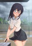  1girl bench black_hair black_skirt blue_eyes blurry blurry_background blush breasts collared_shirt commentary commission furuyama_itaru glasses grey_sky lamppost large_breasts long_hair looking_away open_mouth original outdoors pleated_skirt rain red-framed_eyewear school_uniform see-through see-through_shirt shirt shirt_tucked_in skeb_commission skirt solo standing water_drop wet wet_clothes wet_shirt white_shirt wringing_clothes wringing_skirt 