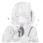  1girl artist_name black_ribbon blue_eyes blush bow collared_shirt cross driedflower hair_ribbon highres long_sleeves looking_at_viewer original parted_lips ribbon shirt short_hair signature simple_background sleeves_past_wrists solo upper_body white_background white_hair 