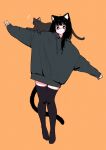  1girl :o animal_ear_fluff animal_ears animal_on_shoulder black_cat black_eyes black_hair black_thighhighs blush blush_stickers bright_pupils cat cat_ears cat_girl cat_on_shoulder cat_tail emphasis_lines full_body grey_hoodie highres hood hoodie megateru nose_blush orange_background original outstretched_arms oversized_clothes sleeves_past_wrists solo spread_arms tail thighhighs white_pupils zettai_ryouiki 