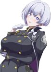  +_+ 1girl aiguillette arm_under_breasts black_cape black_dress blush breasts buttons cape colored_inner_hair covered_navel cowboy_shot double-breasted dress earrings epaulettes gloves goddess_of_victory:_nikke gradient_eyes grey_hair hair_between_eyes jewelry large_breasts liliweiss_(nikke) long_sleeves looking_at_viewer multicolored_eyes multicolored_hair parted_lips purple_hair sankakukin_gear short_hair sidelocks simple_background smile solo standing tight_clothes tight_dress two-tone_hair white_background white_gloves 