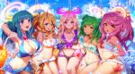  5girls absurdres blonde_hair blue_hair breasts character_request gabriel_(monster_strike) gibagiba green_hair halo highres lucifer_(monster_strike) michael_(monster_strike) monster_strike multiple_girls navel purple_hair raphael_(monster_strike) shadow swimsuit 