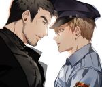  2boys bara beard blonde_hair brown_hair chris_redfield coat curtained_hair eye_contact facial_hair from_side highres jujeop large_pectorals leon_s._kennedy long_sideburns looking_at_another male_focus mature_male multiple_boys muscular muscular_male pectorals police police_uniform policeman resident_evil resident_evil_4 resident_evil_4_(remake) short_hair sideburns thick_eyebrows tight_clothes uniform upper_body yaoi 