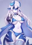  anthro blue_body blue_eyes breasts clothing female fish hair hi_res horn iwbitu legwear lingerie long_hair marine navel shark skindentation solo stockings thigh_highs white_body white_hair 