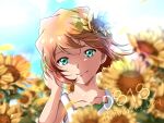  1girl bare_arms blurry blurry_background brown_hair character_name closed_mouth collarbone field flower flower_field green_eyes haibara_ai hair_flower hair_ornament hand_in_own_hair highres lens_flare looking_at_viewer meitantei_conan portrait s_n_sb_4869 short_hair smile solo sunflower upper_body yellow_flower 