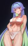  1girl arm_behind_back ass_visible_through_thighs bikini black_background blue_hair blush breasts colored_inner_hair covered_nipples green_hair hair_between_eyes large_breasts last_origin long_hair looking_at_viewer multicolored_hair nyanom parted_bangs see-through simple_background solo swimsuit tiamat_(last_origin) very_long_hair wet 