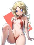  1girl :3 absurdres bare_shoulders bikini blonde_hair blue_eyes blush breasts cameltoe covered_nipples criss-cross_halter ebora english_commentary frenda_seivelun halterneck highres leg_up long_hair looking_at_viewer low-tied_long_hair mole mole_under_mouth navel o-ring o-ring_bikini parted_bangs red_bikini simple_background sitting small_breasts solo swimsuit toaru_anbu_no_item toaru_kagaku_no_railgun toaru_majutsu_no_index 