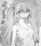  1girl bracelet chronozbergh commentary eyebrows_hidden_by_hair graphite_(medium) greyscale hatsune_miku jewelry long_hair monochrome solo tank_top traditional_media translation_request twintails upper_body vocaloid 