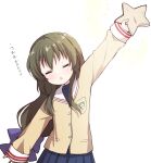  1girl =_= arm_at_side arm_up blue_skirt blush bow chestnut_mouth clannad closed_eyes commentary facing_viewer flat_chest hair_between_eyes hair_bow highres hikarizaka_private_high_school_uniform holding holding_star ibuki_fuuko jacket long_hair low-tied_long_hair open_mouth outstretched_arm purple_bow sailor_collar school_uniform sidelocks simple_background skirt sleeves_past_wrists solo star_(symbol) starfish takepoison translated upper_body v-shaped_eyebrows very_long_hair white_background white_sailor_collar yellow_jacket 