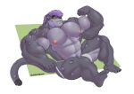  abs absurd_res anthro biceps bulge clothing dumbandgreen erect_nipples feet felid grey_body hair hairy_pecs hi_res jockstrap male mammal muscular nipples pantherine pecs purple_hair sitting smile snow_leopard solo underwear wholesome yellow_eyes 