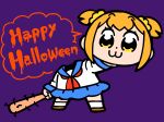  1girl :3 baseball_bat bkub bkub_(style) blonde_hair blue_sky chibi english_text happy_birthday happy_halloween official_art poptepipic popuko purple_background school_uniform severed_head shirt sky solo white_shirt yellow_eyes 