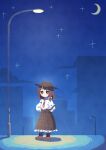  1girl absurdres blush book bow brown_eyes brown_hair brown_necktie brown_skirt building cloud collared_shirt commentary crescent_moon frilled_skirt frills hand_on_own_hip hat highres holding holding_book lamppost long_skirt long_sleeves medium_hair moon nama_udon necktie night night_sky open_book outdoors plaid plaid_skirt road shirt shirt_tucked_in shoes short_hair skirt sky solo standing star_(sky) tie_clip touhou usami_renko white_bow white_shirt 