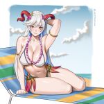  1girl absurdres arm_support arm_up armlet armpit_crease armpits beach_chair bikini blue_hair blue_sky blurry blurry_background blush breasts closed_mouth cloud cloudy_sky collarbone colored_inner_hair commentary commission curled_horns english_commentary eyelashes fire_emblem fire_emblem_heroes flower flower_necklace freyja_(fire_emblem) freyja_(summer)_(fire_emblem) goat_horns gold_trim grey_hair hair_between_eyes hair_flower hair_ornament highres horns large_breasts long_hair looking_at_viewer multicolored_hair navel on_chair outdoors pink_flower purple_flower red_eyes red_horns seventeencrows shadow sidelocks sitting sky smile solo stomach swimsuit thighs twitter_username very_long_hair white_bikini 