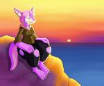  anthro biped black_clothing breasts claws clothing detailed_background female green_clothing hair hi_res hoodie impishhyena kobold multicolored_body multicolored_ears multicolored_scales notched_ear paws pink_body pink_ears pink_eyes pink_hair pink_scales pink_tail scales scalie solo sunset tail thick_thighs topwear torn_clothing two_tone_body two_tone_ears two_tone_scales white_body white_claws white_ears white_scales wide_hips 