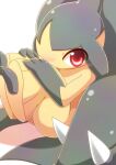  blush commentary_request curled_up dusk_poke27 from_side looking_at_viewer mawile no_humans parted_lips pokemon pokemon_(creature) red_eyes shy solo white_background 