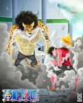  2023 2boys alternate_form animal_ears animal_hands artist_logo black_hair clenched_hand colored_skin facial_hair full_body gear_third goatee hat highres jaguar_boy jaguar_ears jaguar_tail jm_productions jolly_roger logo male_focus medium_hair monkey_d._luffy multiple_boys one_piece rob_lucci sandals scar scar_on_chest scar_on_face short_hair signature skull_and_crossbones standing straw_hat tail teeth topless topless_male wavy_hair 