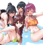  4girls agano_(kancolle) all_fours asava_(hutaitenn) bikini black_bikini black_hair blue_eyes blush braid breasts brown_hair cleavage floral_print green_bikini green_eyes hair_between_eyes highres kantai_collection large_breasts long_hair looking_at_viewer mismatched_bikini multiple_girls noshiro_(kancolle) one_eye_closed open_mouth orange_eyes ponytail purple_hair sakawa_(kancolle) short_hair side-tie_bikini_bottom simple_background sitting small_breasts smile swimsuit twin_braids yahagi_(kancolle) 