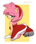  accessory amy_rose anthro boots bracelet butt clothing dress eulipotyphlan female footwear fur gloves green_eyes hair_accessory hairband handwear hedgehog jewelry looking_back mammal panties pink_body pink_fur sega sitting solo sonic_the_hedgehog_(series) the_other_half underwear 