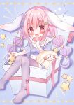  1girl :3 absurdres animal_ears blush child female_child food-themed_hair_ornament frilled_sleeves frills gift hair_ornament hanasakichu highres hololive indie_virtual_youtuber looking_at_viewer low_twintails open_gift open_mouth original pink_eyes pink_hair rabbit_ears sanrio sheep solo star_(symbol) strawberry_hair_ornament thighhighs twintails virtual_youtuber 