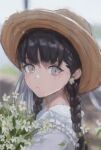  1girl black_hair blurry blurry_background blush bouquet braid brown_headwear chinese_commentary closed_mouth commentary falling_leaves flower frilled_shirt frills from_side grey_eyes gumiaoandpeace hat hat_ribbon holding holding_bouquet leaf long_hair original outdoors portrait ribbon shirt slit_pupils solo twin_braids white_flower white_ribbon white_shirt 