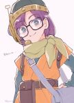  1girl bag belt blue_eyes chrono_trigger closed_mouth glasses helmet looking_at_viewer lucca_ashtear purple_hair scarf short_hair shoulder_bag simple_background smile solo white_background 