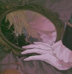  1boy ascot bed_sheet blonde_hair broken_mirror chain crack cracked_glass earrings frilled_sleeves frills frown gloves hand_mirror highres jack_vessalius jewelry konekoy long_sleeves male_focus mirror out_of_frame pandora_hearts pocket_watch reflection solo watch white_ascot white_gloves 