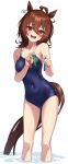  1girl agnes_tachyon_(umamusume) ahoge animal_ears blue_one-piece_swimsuit breasts brown_hair commentary_request covered_navel hair_between_eyes highres holding holding_test_tube horse_ears horse_girl horse_tail looking_at_viewer medium_breasts one-piece_swimsuit open_mouth partially_submerged red_eyes school_swimsuit short_hair simple_background solo standing swimsuit tail teeth test_tube tks_(526tks) tracen_swimsuit umamusume water white_background 