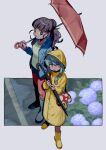  2girls absurdres blue_jacket boots braid braided_bun bright_pupils brown_hair flower full_body grey_hair hair_bun highres holding holding_umbrella hood hood_up hooded_jacket hoshi_syoko hydrangea idolmaster idolmaster_cinderella_girls jacket kamiya_nao kanauo_(tansui_kanauo) looking_at_another multiple_girls mushroom outdoors raincoat rubber_boots shirt single_braid single_hair_bun umbrella white_pupils white_shirt yellow_raincoat 