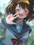  1girl :d ^_^ blue_sailor_collar blue_skirt blurry blurry_background blush bob_cut bow bowtie breasts brown_hair close-up closed_eyes commentary depth_of_field facing_viewer foliage hair_ribbon hairband hand_up kita_high_school_uniform large_breasts long_sleeves open_mouth outdoors red_bow red_bowtie ribbon sailor_collar school_uniform serafuku shimazakana shirt short_hair skirt smile solo suzumiya_haruhi suzumiya_haruhi_no_yuuutsu upper_body v v-shaped_eyebrows white_shirt winter_uniform yellow_hairband yellow_ribbon 