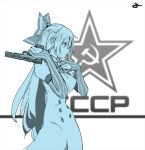 1girl bow breasts circle_a commentary_request cowboy_shot dress from_side girls&#039;_frontline gun hair_bow hammer_and_sickle handgun juliet_sleeves large_breasts long_hair long_sleeves monochrome profile puffy_sleeves red_eyes solo spot_color star_(symbol) tokarev_(girls&#039;_frontline) tokarev_tt-33 weapon 