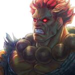  1boy akuma_(street_fighter) angry beads bingoman blank_eyes clenched_teeth dark-skinned_male dark_skin dougi male_focus pectorals portrait prayer_beads red_eyes red_hair short_hair solo street_fighter teeth 