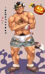  1boy animal_feet arm_hair bandages bara black_hair blood blood_on_bandages blush briefs bulge chest_hair choker crossed_arms cutoff_jeans cutoffs dark-skinned_male dark_skin english_text fang fang_out grey_hair happy_halloween highres large_pectorals male_focus male_pubic_hair male_underwear monsterification multicolored_hair muscular muscular_male navel navel_hair nipples original partially_undressed pectorals pubic_hair pumpkin red_choker scar scar_on_cheek scar_on_face short_hair solo stitched_face stitches suamaru sweatdrop tail topless_male translation_request two-tone_hair underwear veins white_background 