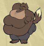  anthro belly big_belly bodily_fluids bored bottomwear breasts brown_body brown_fur canid canine canis claws clothing female full-length_portrait fur hair hair_over_eye hand_on_stomach hanging_belly hi_res mammal messy_hair navel neutral_expression obese obese_anthro obese_female one_eye_obstructed overweight overweight_anthro overweight_female portrait simple_background smokii solo standing sweat sweatpants tail talons topwear wolf yellow_sclera 