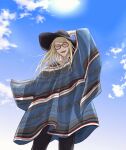  1boy blonde_hair cloud cloudy_sky cosmology_(mgncosmo) cowboy_hat cowboy_shot fate/grand_order fate_(series) hat highres long_hair looking_at_viewer male_focus official_alternate_costume orange-tinted_eyewear outdoors poncho sky smile solo sunglasses tezcatlipoca_(fate) tinted_eyewear 