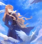  1girl belt bird black_coat blonde_hair blue_eyes blue_sky coat cowboy_bebop hair_between_eyes hands_in_pockets highres julia_(cowboy_bebop) kianamosser pants shadow sky standing twitter_username white_bird 