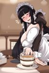  1girl :d alternate_costume apron black_hair blunt_bangs blush breasts camerata chair cleavage closed_eyes coffee cup enmaided frills highres hime_cut huge_breasts implied_breast_milk indoors juliet_sleeves kaguya_(under_night_in-birth) lactation lactation_through_clothes long_hair long_sleeves maid maid_headdress official_alternate_costume open_mouth puffy_sleeves sidelocks smile solo table under_night_in-birth under_night_in-birth_2_sys:celes very_long_hair 