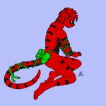  2011 aemi anthro black_body black_skin blue_background digital_drawing_(artwork) digital_media_(artwork) frown furx_(character) green_ribbon lizard male red_body red_eyes red_skin reptile ribbons scalie signature simple_background solo 