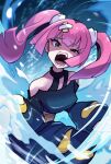  1girl angry artist_name bare_shoulders black_choker blurry blurry_background cbpea1 choker highres looking_at_viewer off-shoulder_shirt off_shoulder open_mouth pink_hair pokemon pokemon_(anime) pokemon_horizons sango_(pokemon) shirt sleeves_past_fingers sleeves_past_wrists solo twintails 