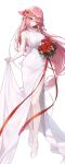  1girl absurdres animal_ears artist_name bare_shoulders blush bouquet bow breasts clothes_lift crossed_bangs detached_sleeves dress dress_lift flower fox_ears full_body genshin_impact hair_bow hair_flower hair_ornament high_heels highres holding holding_bouquet large_breasts long_hair looking_at_viewer low-tied_long_hair meoyo pink_hair purple_eyes red_flower shoes side_slit simple_background sleeveless sleeveless_dress smile solo standing very_long_hair white_background white_bow white_dress white_footwear yae_miko 