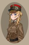  1girl :/ absurdres belt blonde_hair blue_eyes brown_jacket collared_shirt drill_hair facial_hair french_army hat hearts_of_iron highres jacket kaiserreich kepi military_hat original philippe_petain pzkpfwi real_life shirt v-shaped_eyebrows white_shirt 