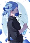  1boy alternate_costume aqua_eyes black_shirt blue_flower blue_hair blurry collared_shirt colored_eyelashes commentary_request covering_mouth eyelashes falling_petals flower from_side grusha_(pokemon) highres holding holding_flower looking_at_viewer looking_to_the_side male_focus mocacoffee_1001 petals pokemon pokemon_(game) pokemon_sv shirt signature sleeves_past_elbows solo upper_body 