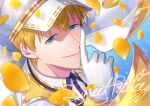  1boy absurdres blonde_hair blue_eyes cape character_name collared_shirt epaulettes f6 falling_petals flower gloves gold_trim hat highres looking_at_viewer male_focus matsuno_jyushimatsu military_hat on_shiromeshi osomatsu-san peaked_cap petals shirt white_cape white_gloves white_headwear yellow_flower 