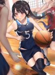  3girls absurdres ball basketball_(object) basketball_court basketball_uniform black_hair blurry blurry_background blurry_foreground dribbling_(basketball) floating_hair highres kaku_yone long_hair multiple_girls original pink_eyes playing_sports ponytail shoes short_shorts shorts sneakers solo_focus sportswear sweat v-shaped_eyebrows 