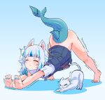  1girl animal_ears blue_background blue_hair cat cat_ears fins fish_tail gawr_gura gawr_gura_(2nd_costume) grey_hair hair_ornament hololive hololive_english moral_cacoethes multicolored_hair nail_polish shark_girl shark_tail side_ponytail streaked_hair stretching tail virtual_youtuber 