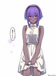  1girl absurdres alternate_costume bare_shoulders black_hairband blush dark-skinned_female dark_skin dress fate/grand_order fate/prototype fate/prototype:_fragments_of_blue_and_silver fate_(series) hair_between_eyes hairband hassan_of_serenity_(fate) highres mitsurugi_sugar open_mouth purple_eyes purple_hair short_hair simple_background sleeveless sleeveless_dress solo speech_bubble translated twitter_username very_dark_skin white_background white_dress 